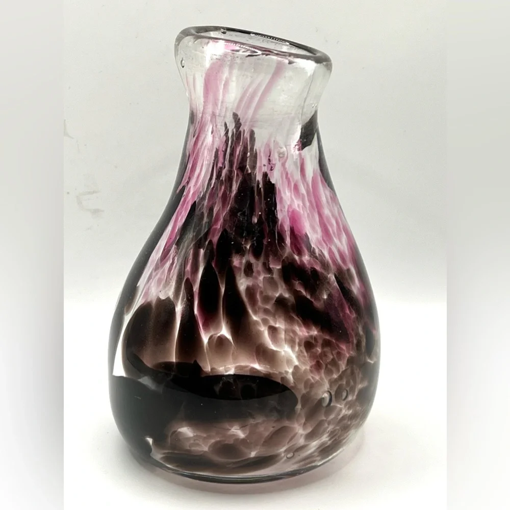 Handblown Art Glass Flowers Bud Vase Brown Pink Abstract Pattern 6 in